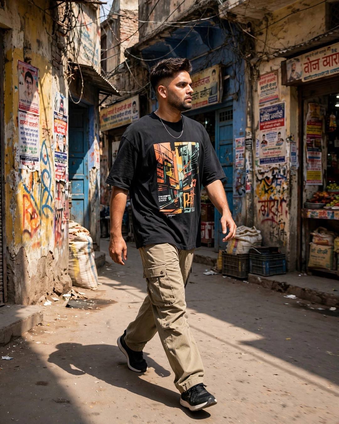 Indian young man in oversized streetwear walking through an old Delhi lane