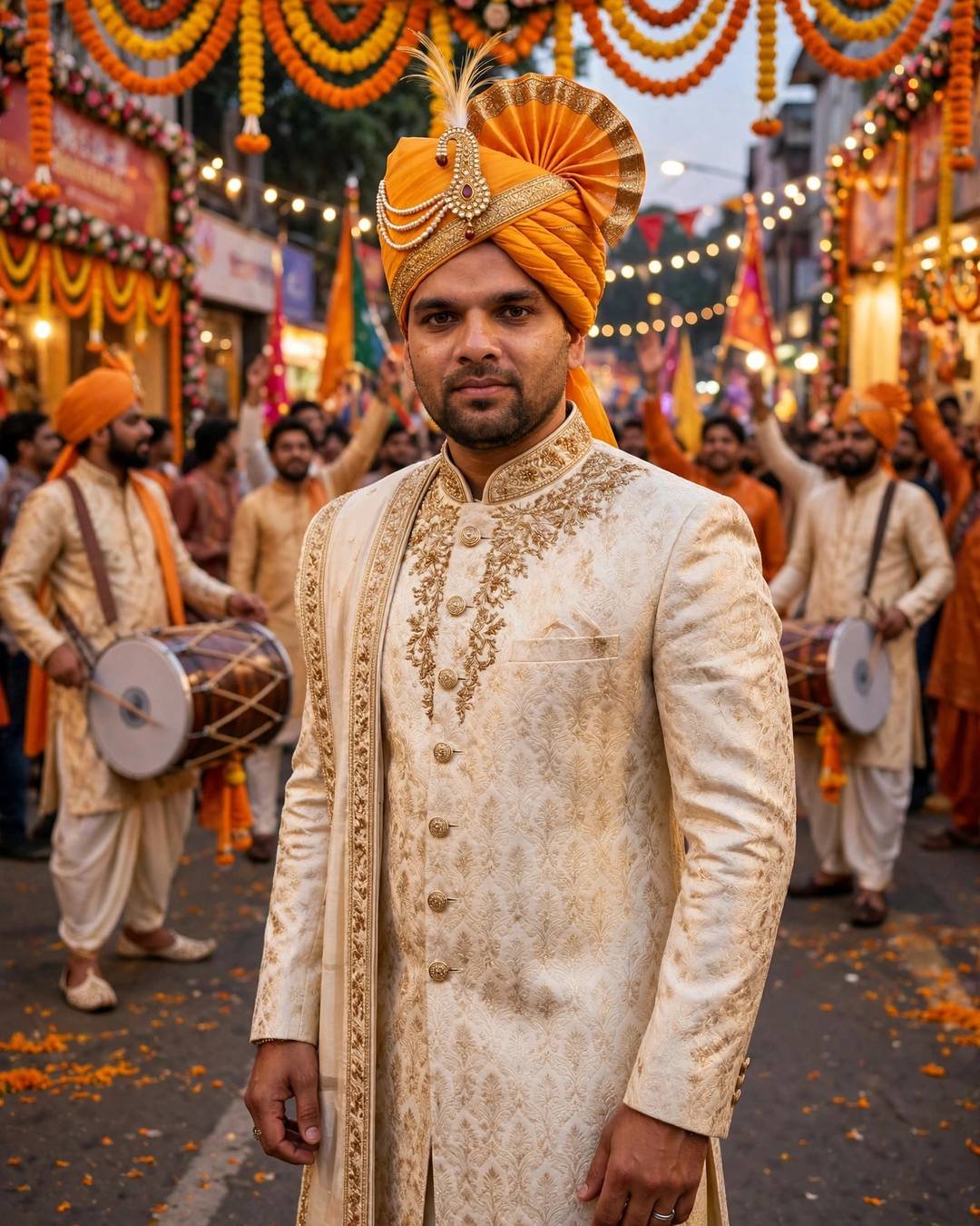 raj in a cream sherwani with saffron safa and kalgi in a baraat procession with dhol players