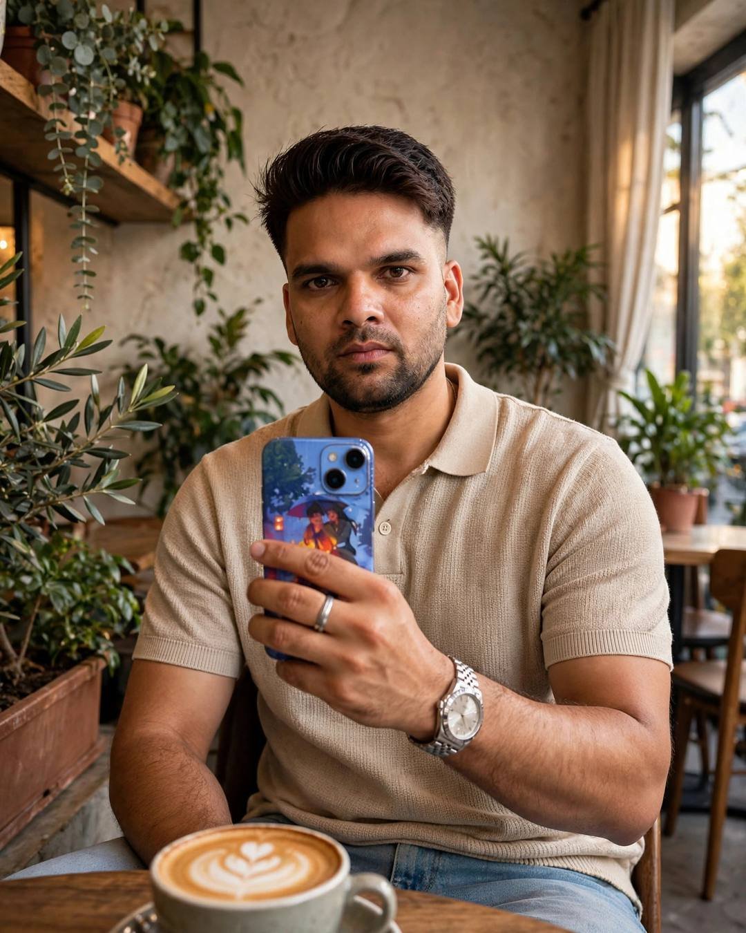Indian young man in a beige knit polo holding a phone at a plant-filled cafe table with latte art