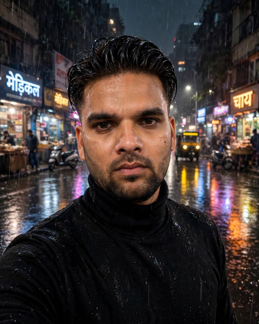 Indian young man in a black turtleneck with wet-look hair standing on a rainy neon-lit Mumbai street at night