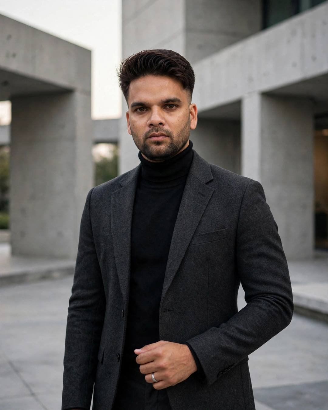 Indian young man in a charcoal blazer and black turtleneck against concrete architecture