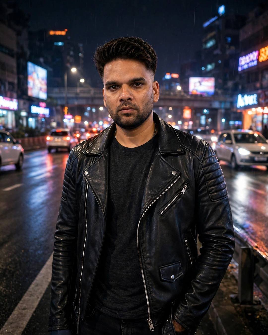 Indian young man in a black leather biker jacket on a neon-lit rainy highway at night
