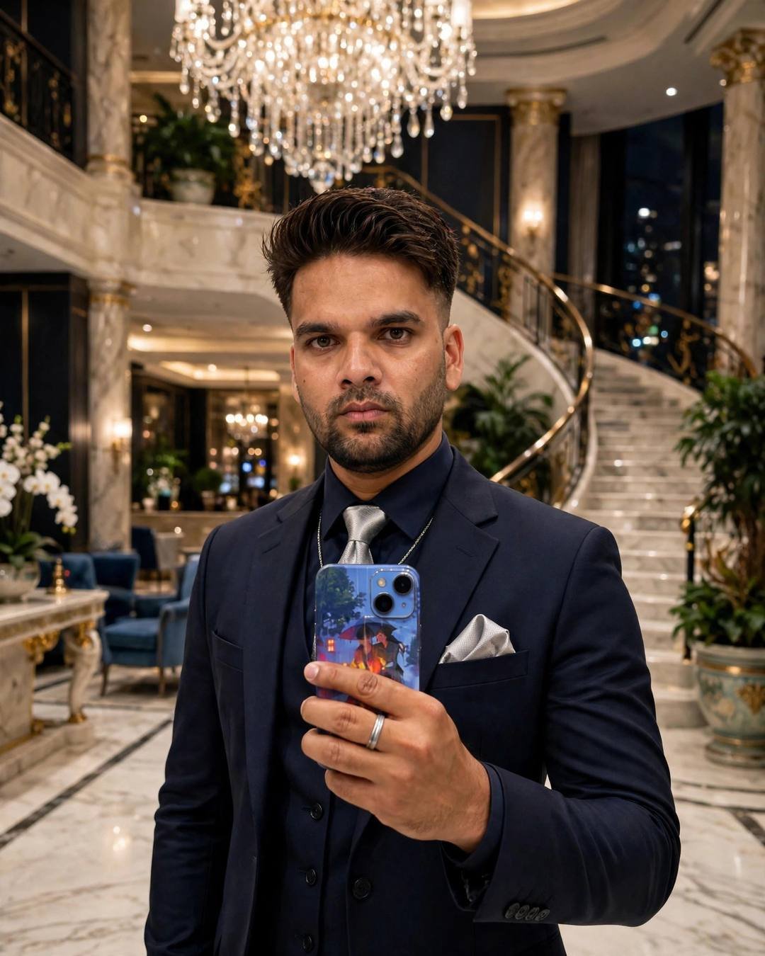 Indian young man in a midnight blue three-piece suit with silver tie standing in a luxury hotel lobby with chandelier