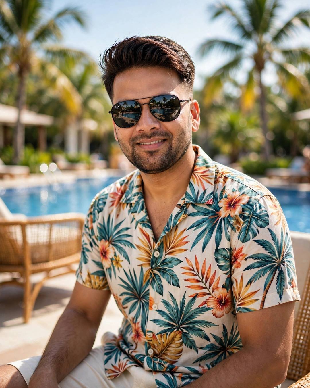 Indian young man in a tropical print resort shirt by a pool with palms