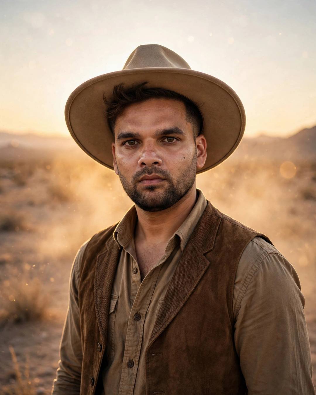 Indian young man in wide-brim hat, sand shirt and waistcoat standing in a desert at dusk