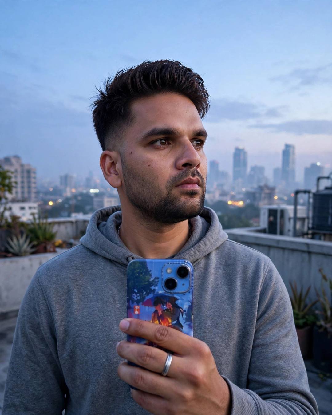 Indian young man in a grey hoodie on a city rooftop at blue-hour dawn