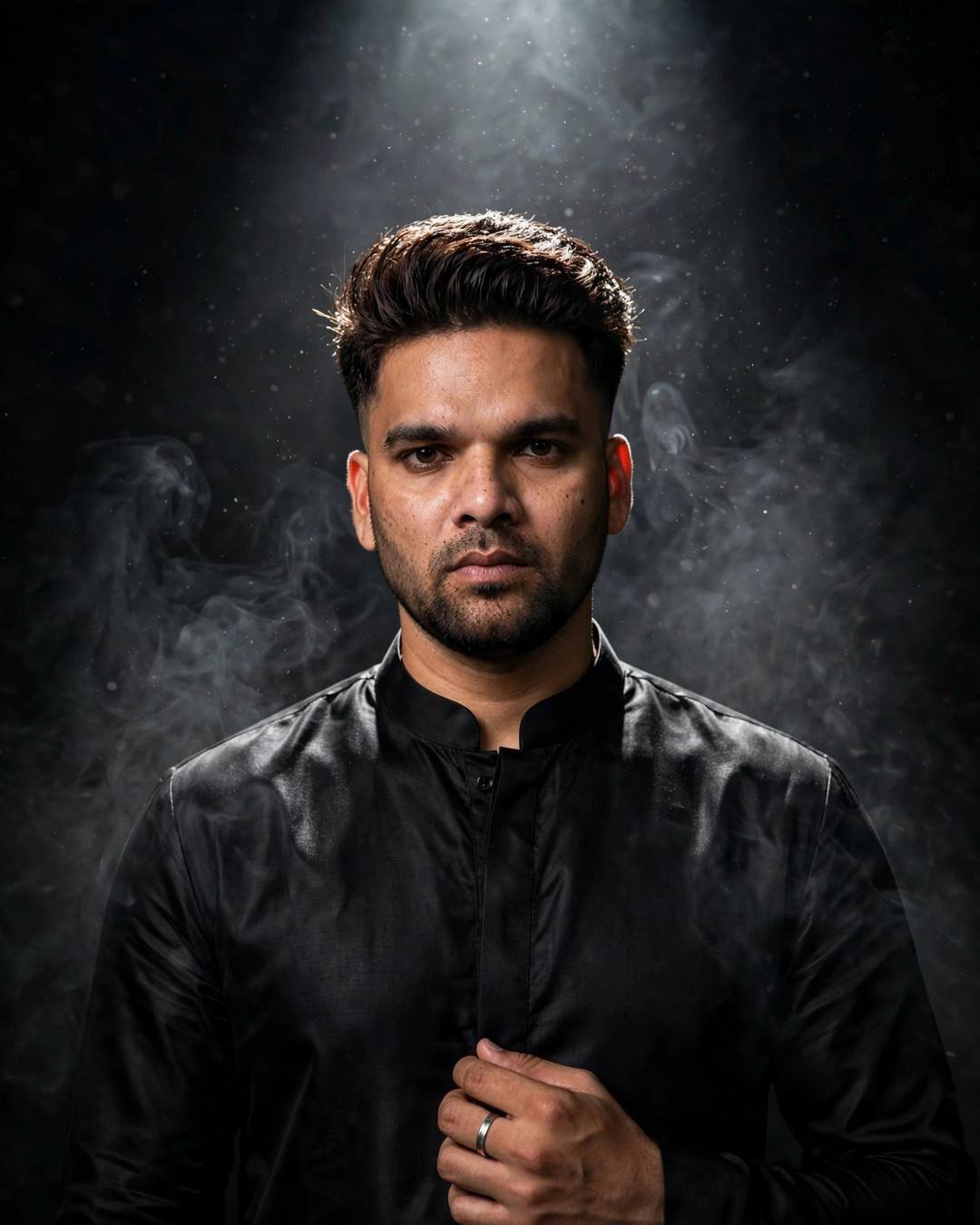 Indian young man in a black silk kurta in a dark studio with drifting smoke and an overhead spotlight