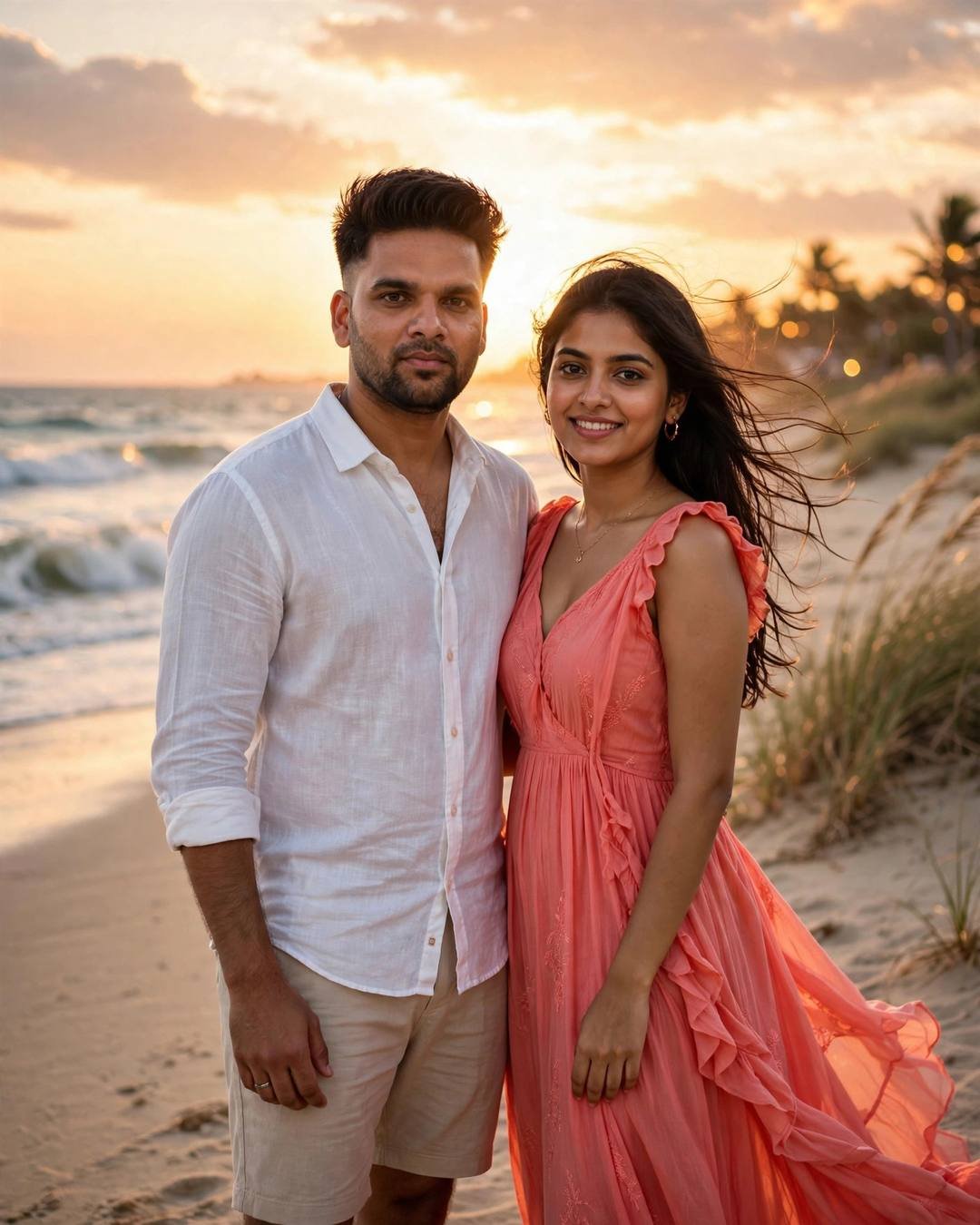 raj in a white linen shirt with a woman in a coral maxi dress on a beach at sunset
