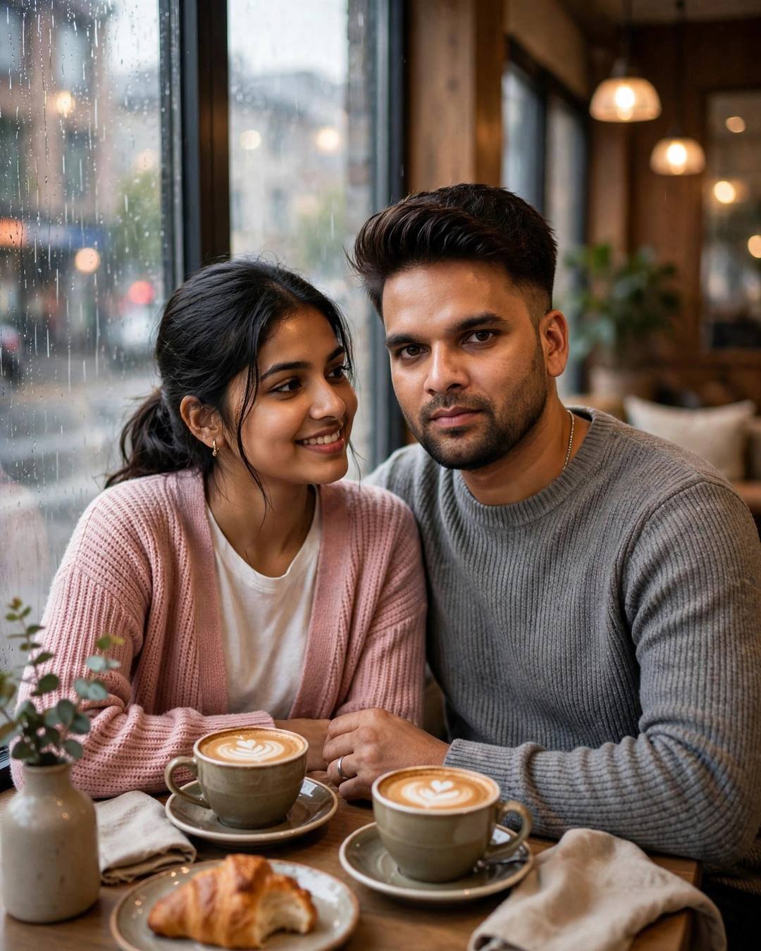 raj in a grey knit sweater with a woman in a pink cardigan at a rainy cafe window with two coffees
