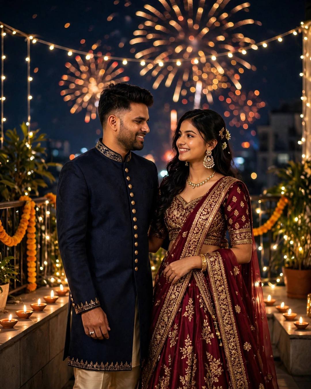 Indian couple in navy sherwani and maroon gold lehenga on a diya-lit terrace at night with fireworks