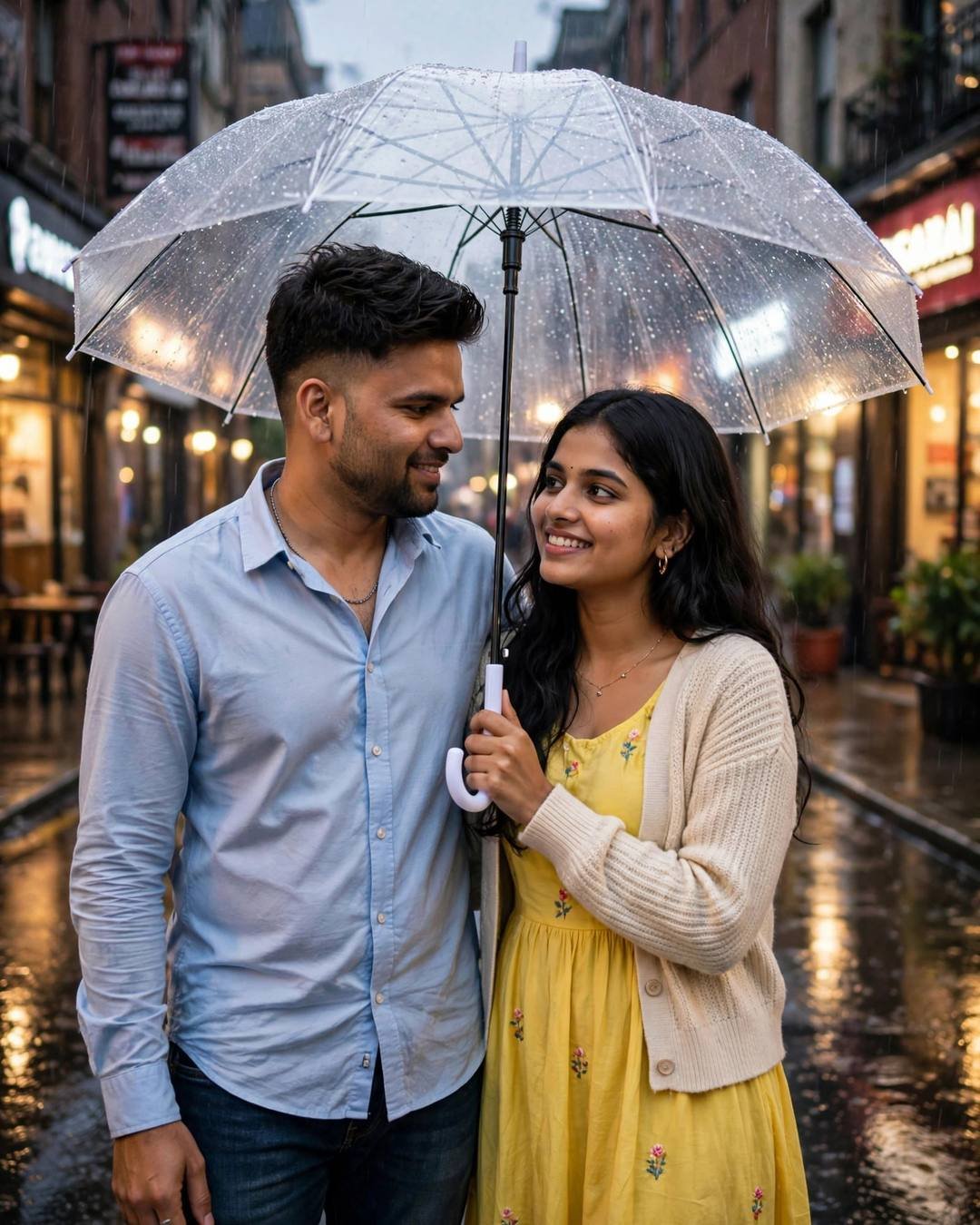 raj in a light blue shirt with a woman in a yellow dress sharing a transparent umbrella on a rainy street