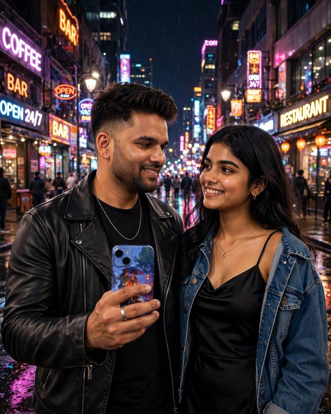 raj in a black leather jacket with a woman in a black slip dress on a neon-lit city street at night