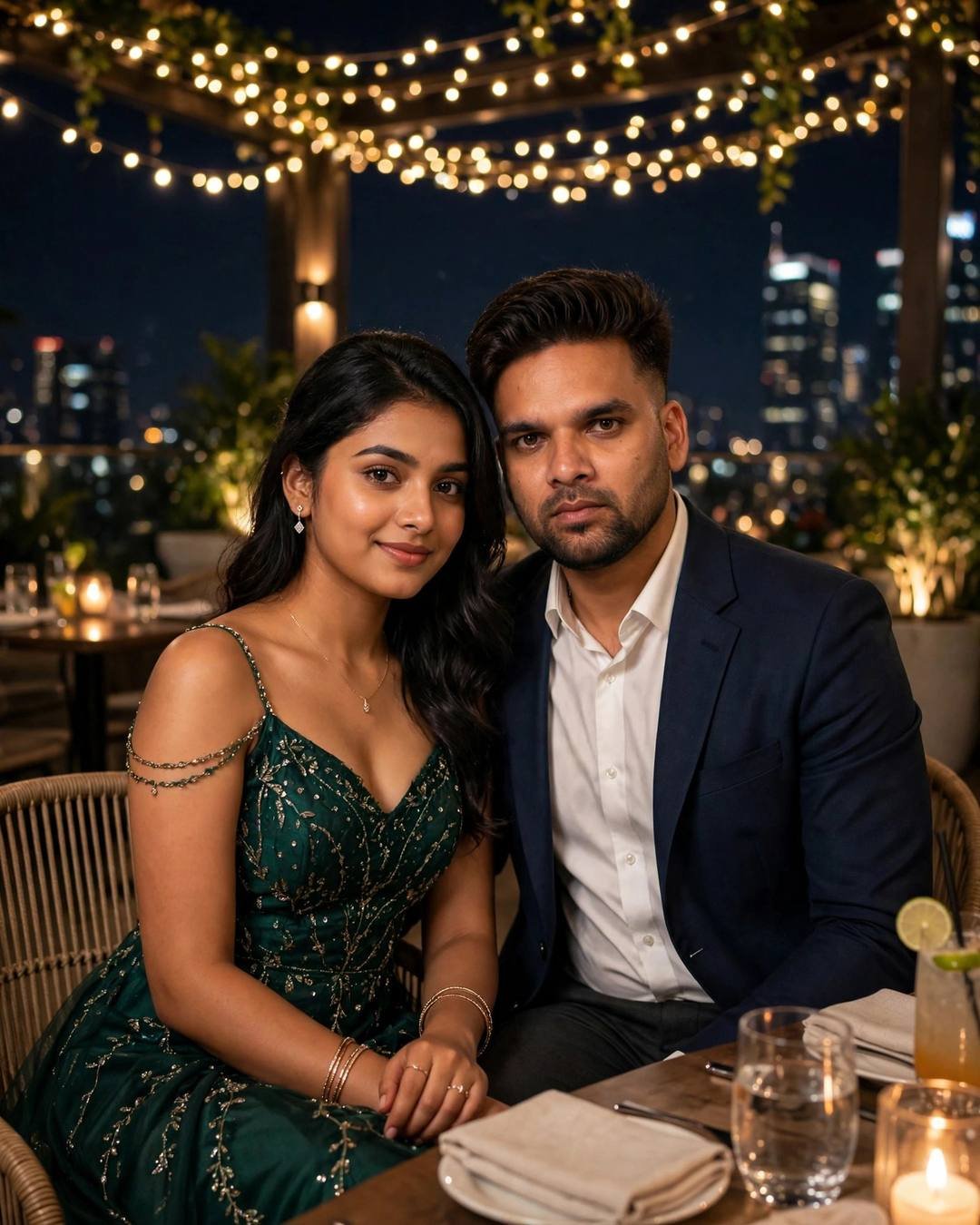raj in a navy blazer with a woman in an emerald dress at a rooftop restaurant at night