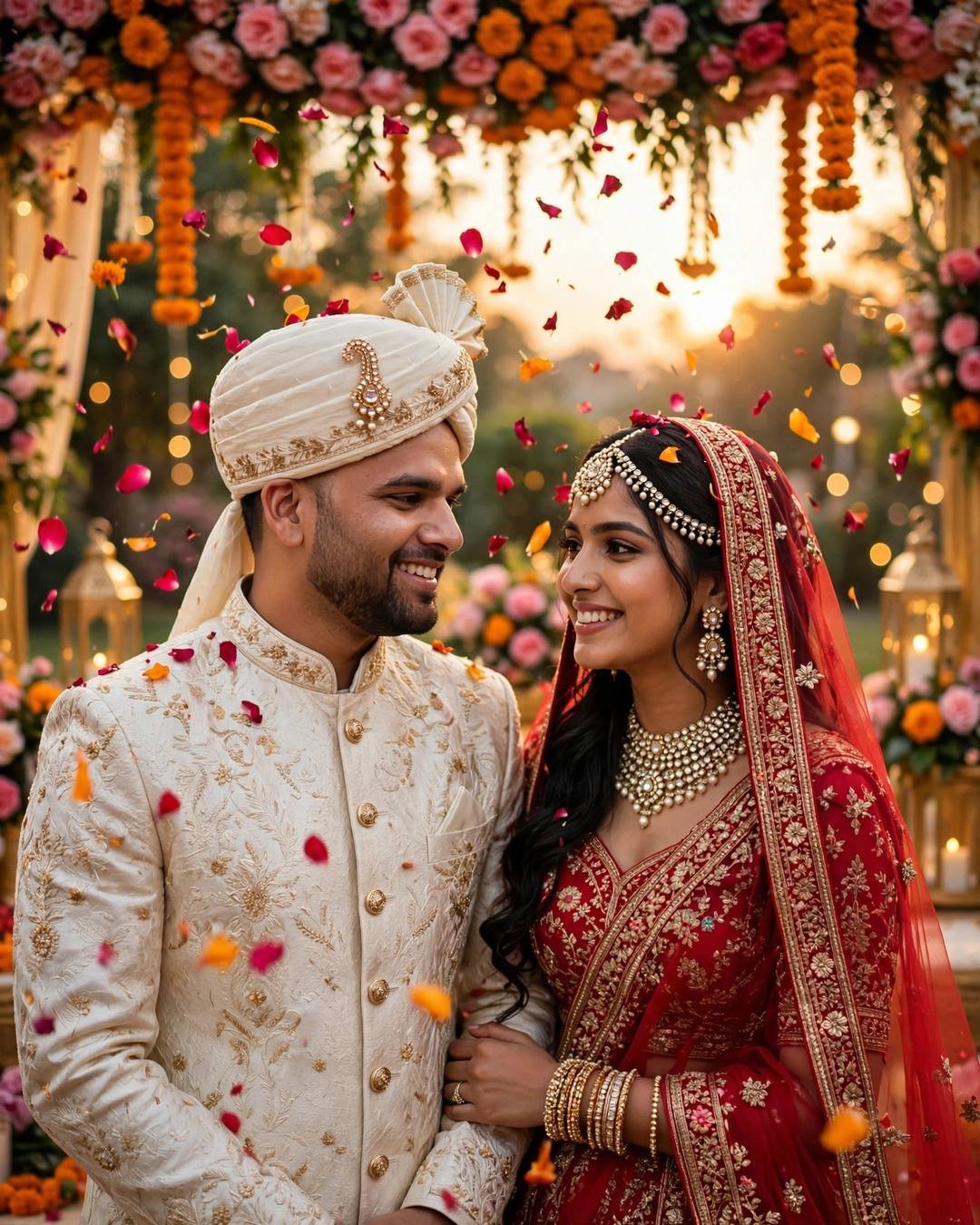 raj in an ivory sherwani and safa with a bride in red lehenga under a shower of flower petals at golden hour