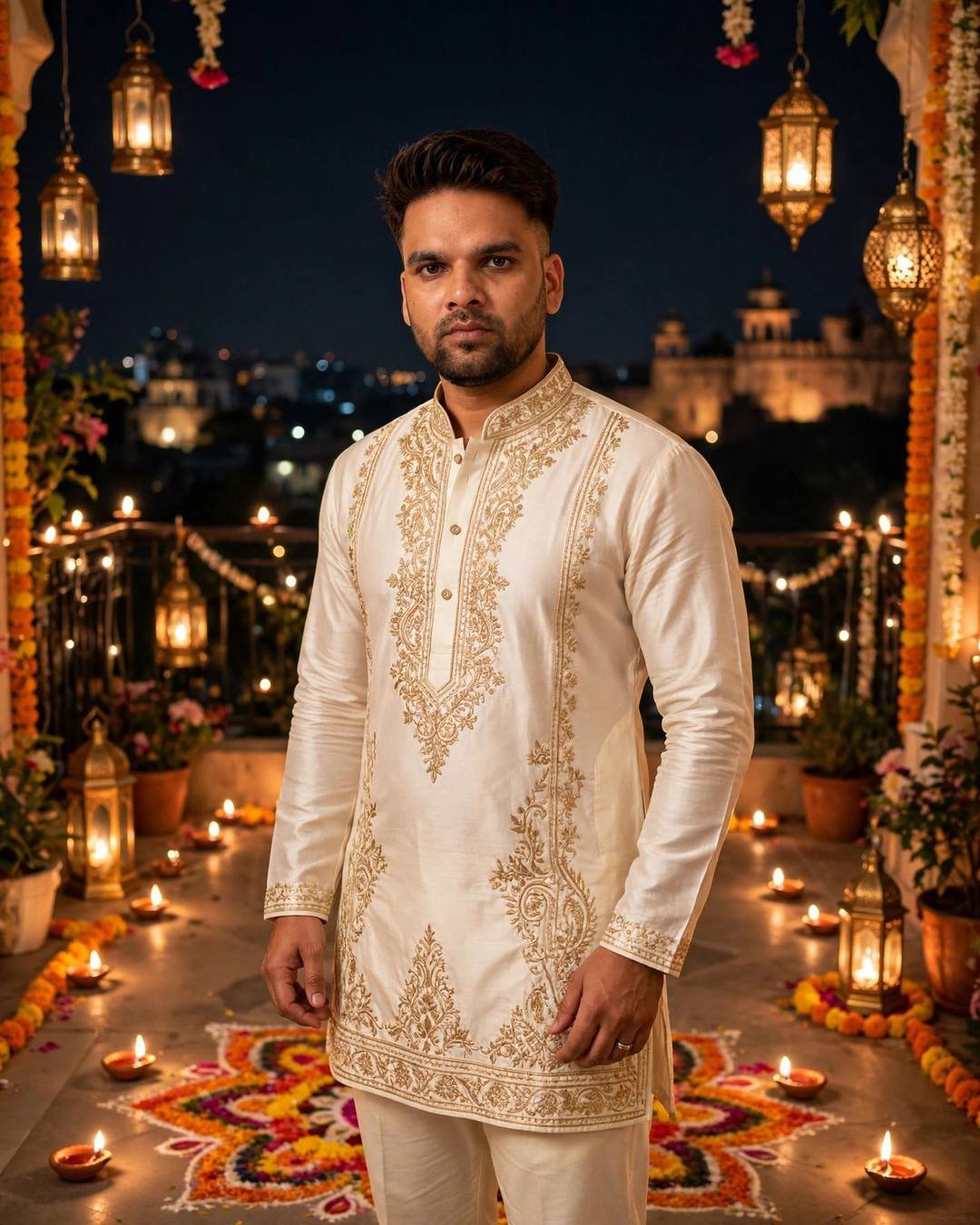 Indian young man in an ivory gold-embroidered kurta on a diya-lit Diwali terrace at night