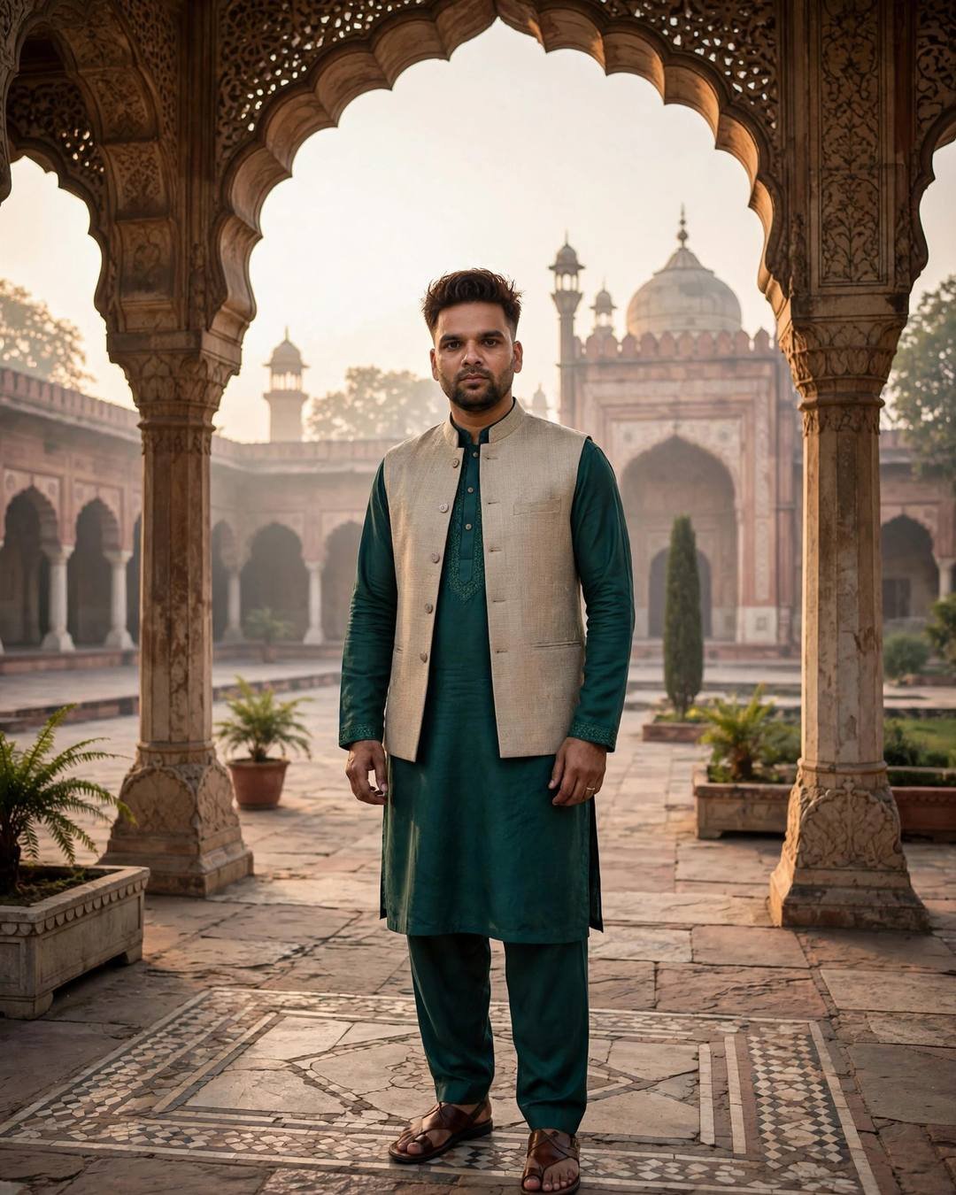Indian young man in emerald green pathani with beige waistcoat standing in a historic mosque courtyard at sunrise