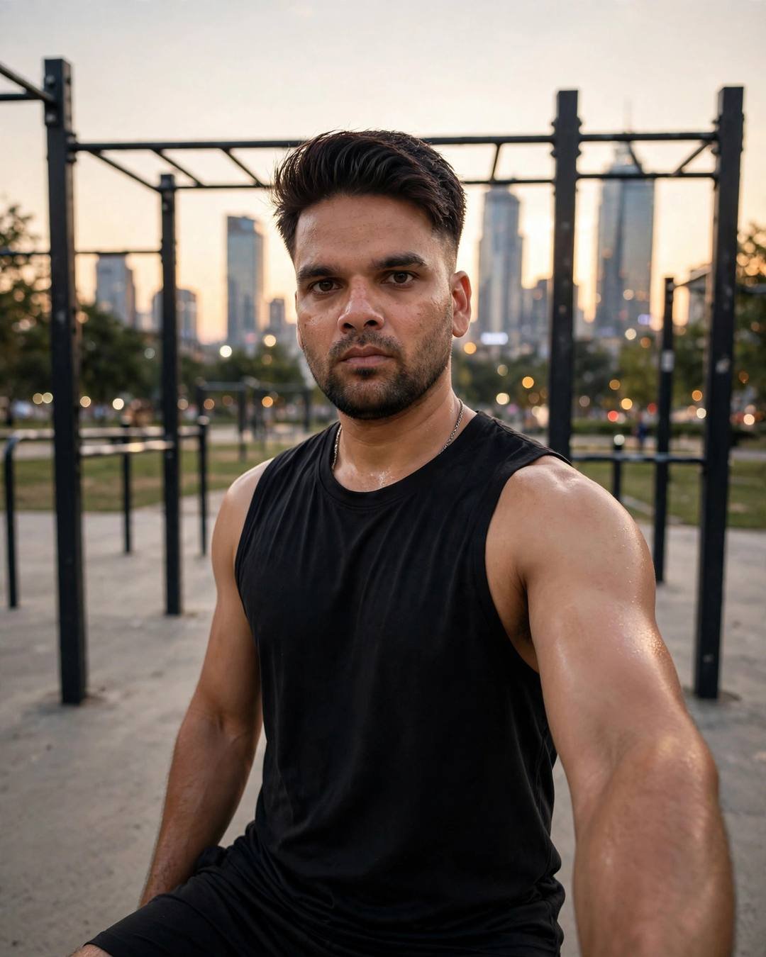 Indian young man in sleeveless athletic top at an outdoor calisthenics park with city skyline
