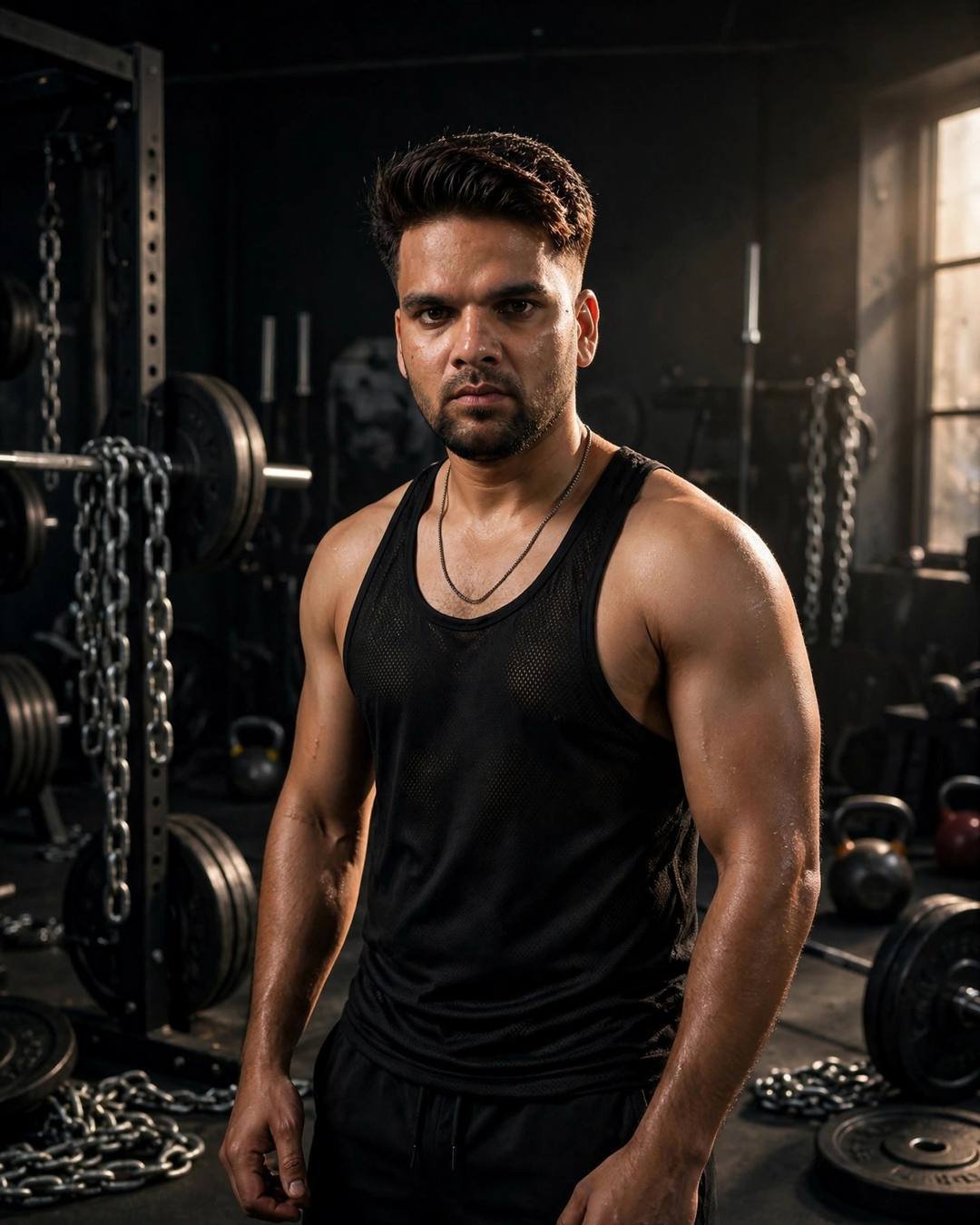 Indian young man in black stringer gym vest in a dark gym with chains and weights