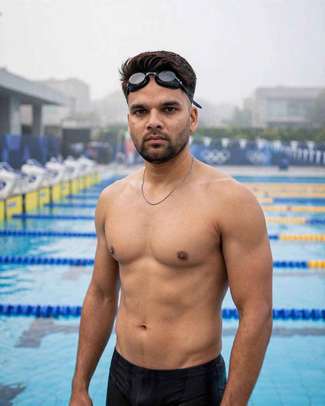 Indian young man with goggles on forehead beside an olympic swimming pool with lane ropes