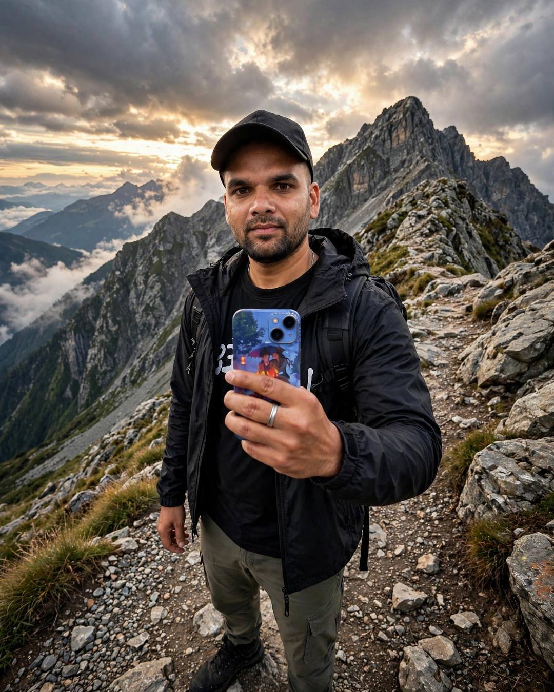 Indian young man in trekking gear and cap on a steep mountain trail below a summit ridge