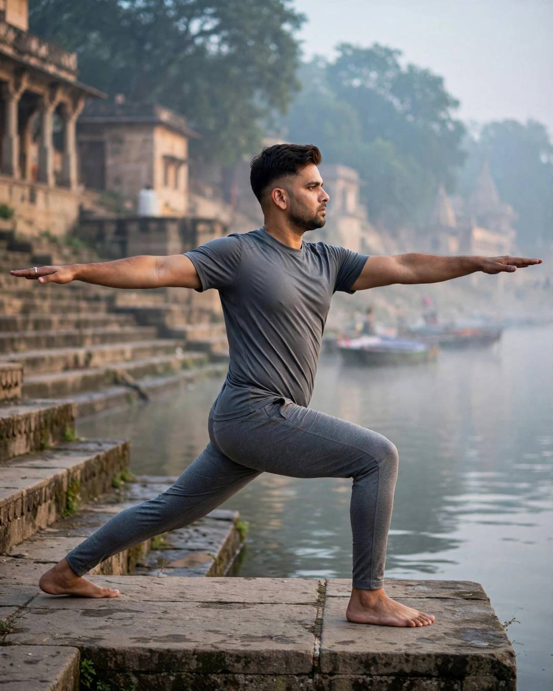 Indian young man in grey athletic wear holding warrior two pose on ghat steps at dawn