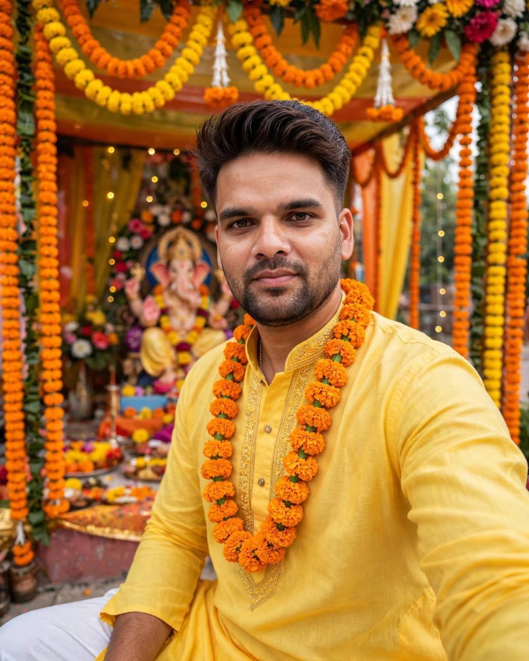 Indian young man in a yellow kurta with marigold garland at a Ganpati pandal