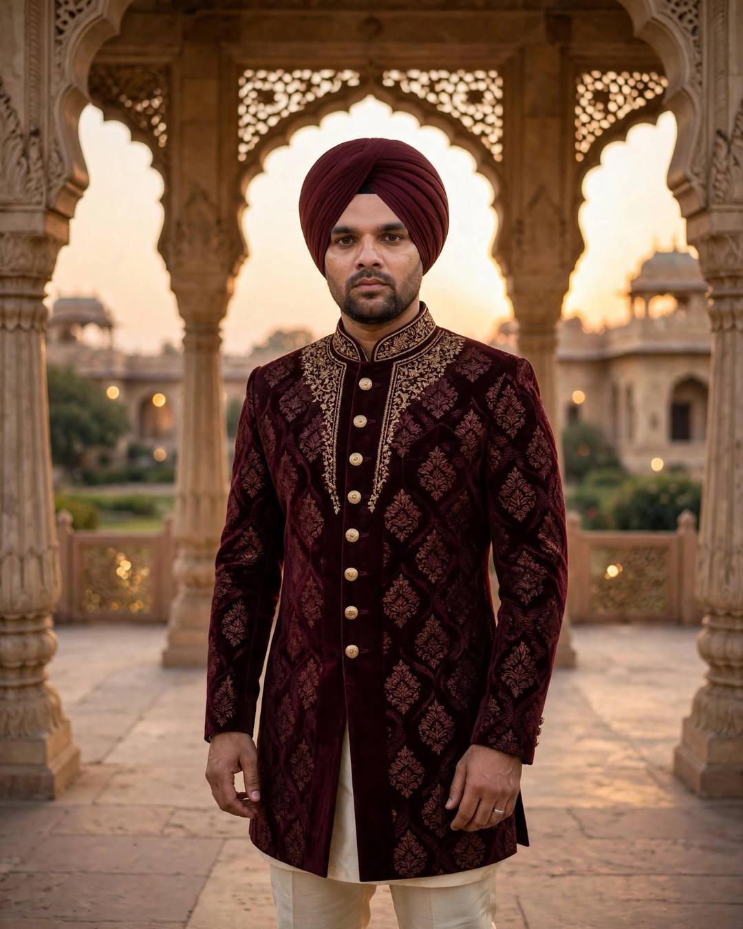 raj as a groom in a deep maroon sherwani with gold buttons and maroon safa at palace arches