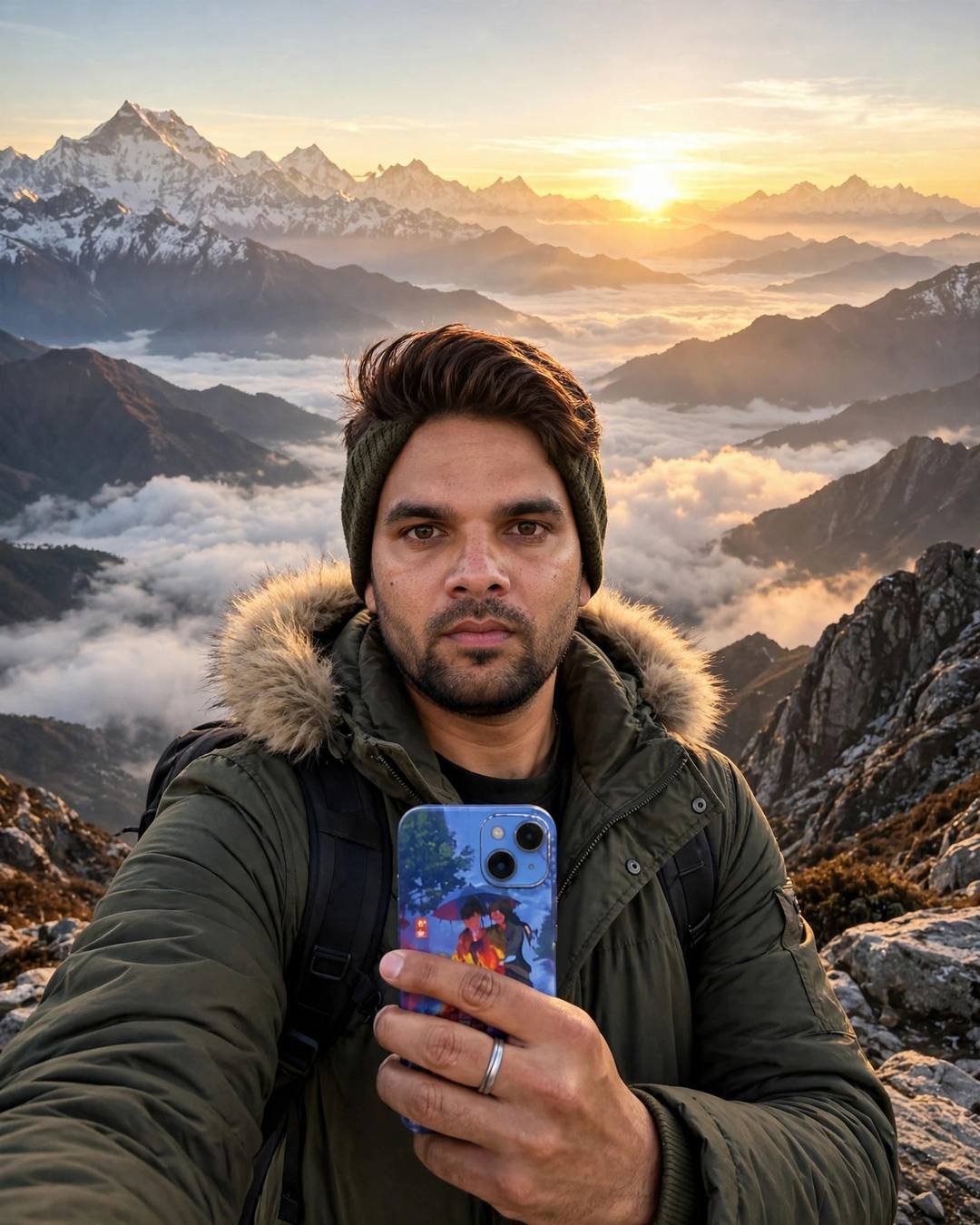 raj in layered olive winter wear taking a selfie at a Himalayan sunrise viewpoint above a sea of clouds