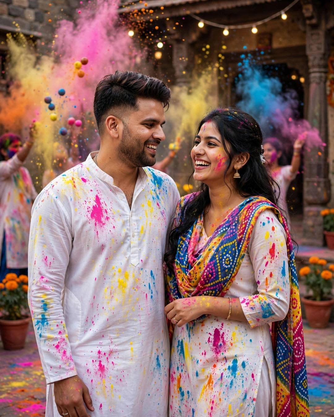 Indian couple laughing together covered in colorful gulal during Holi celebration in a courtyard