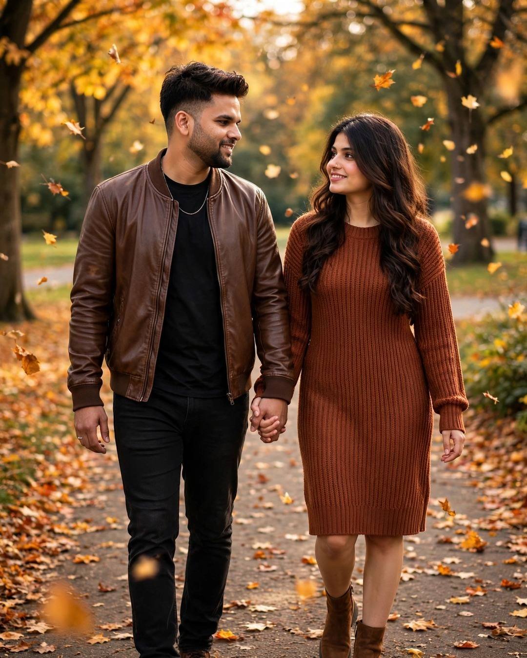 AI-generated couple look: Autumn Park Stroll — with the AI prompt