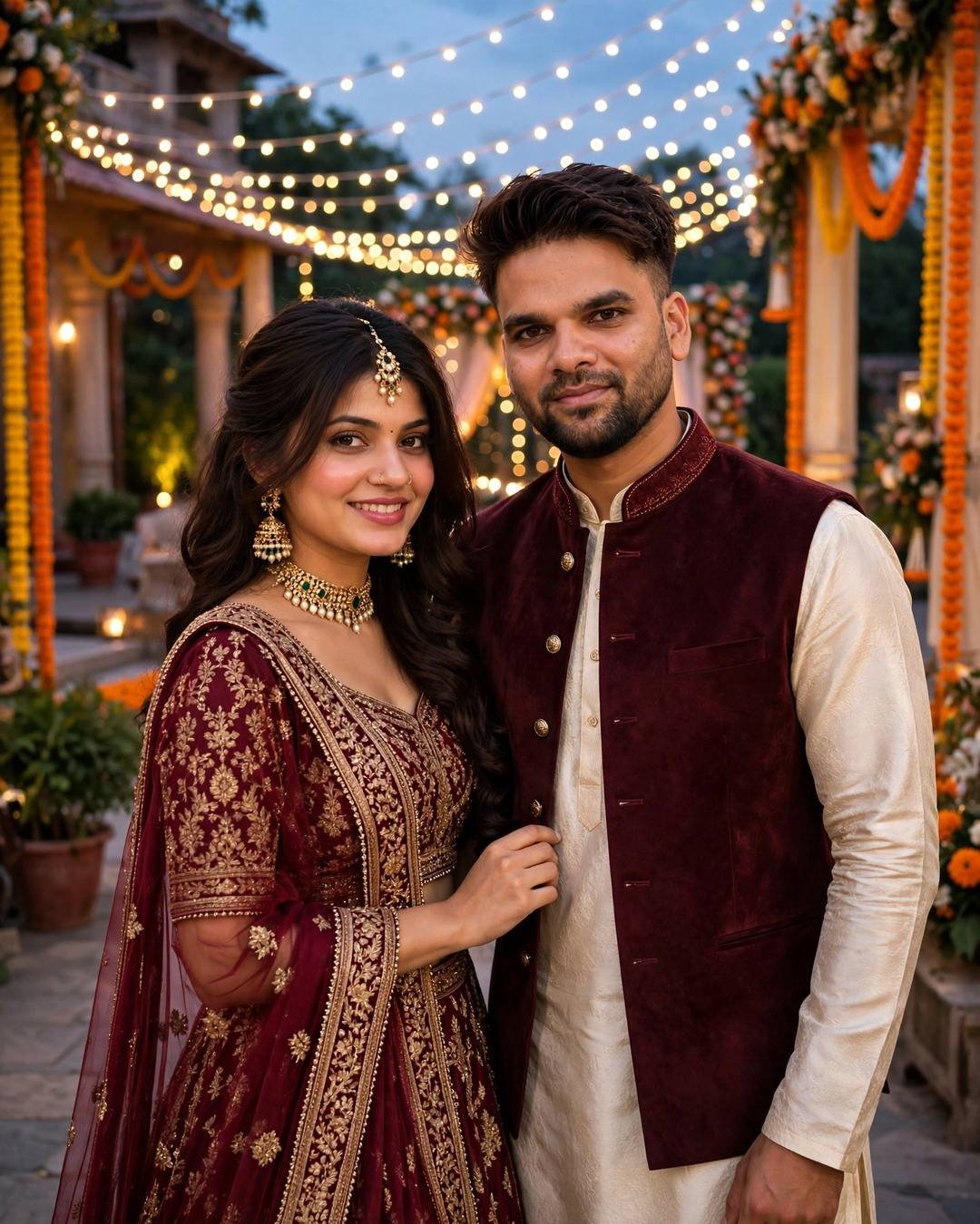 AI-generated festive couple portrait with the AI prompt