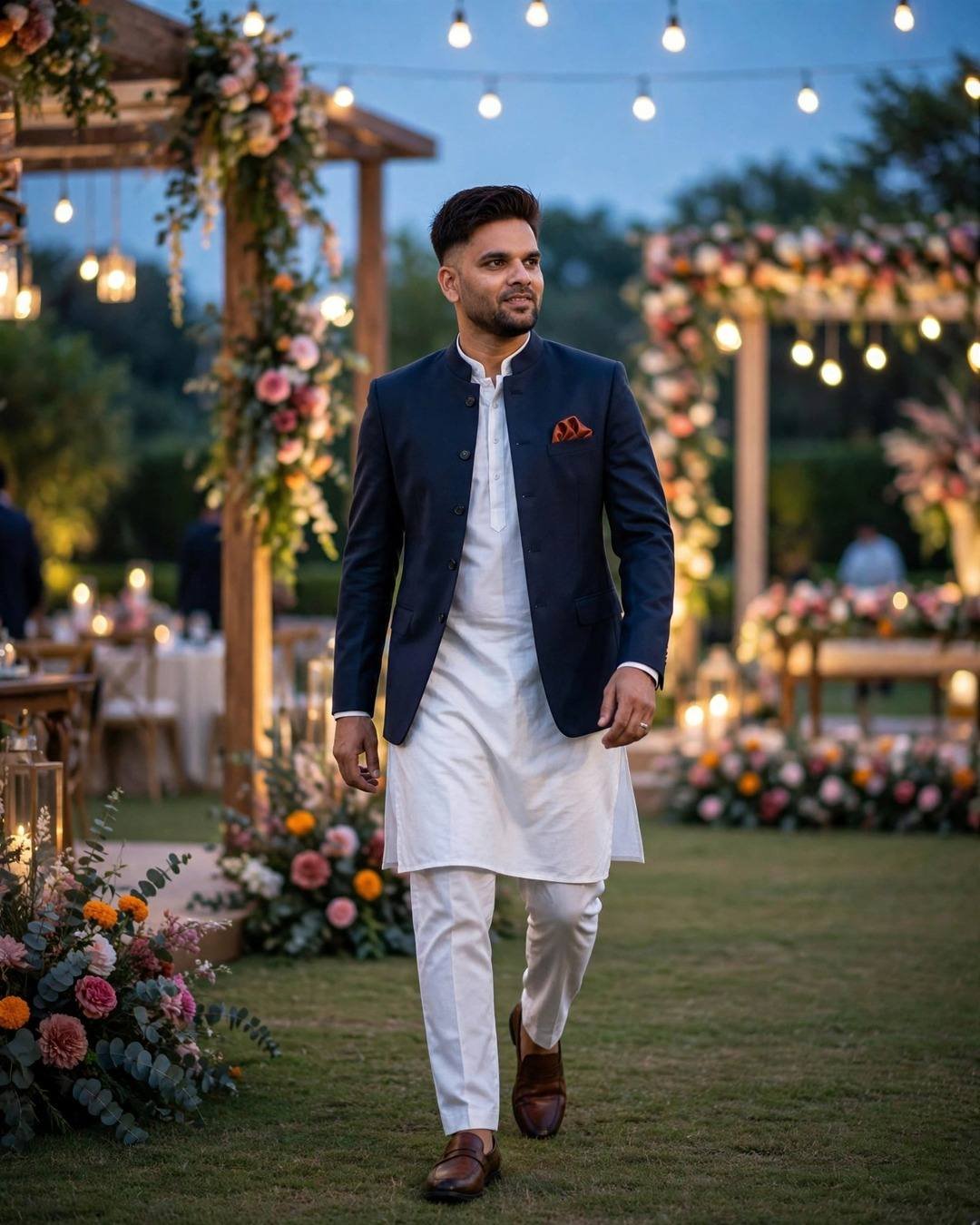 Man in a navy blue nehru jacket over white kurta-pajama walking through a wedding venue lawn at dusk with string lights