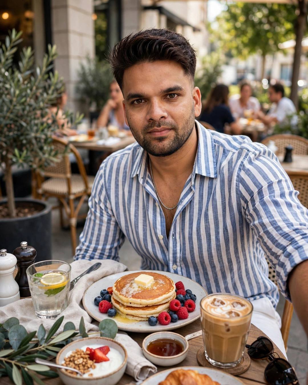 Indian young man in a striped linen shirt at a sunny brunch table with pancakes and coffee