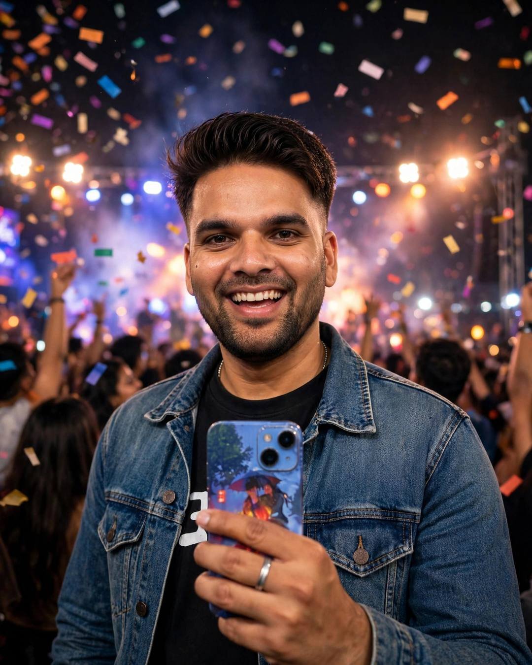 Indian young man in a band tee and denim jacket at a concert with confetti and stage lights