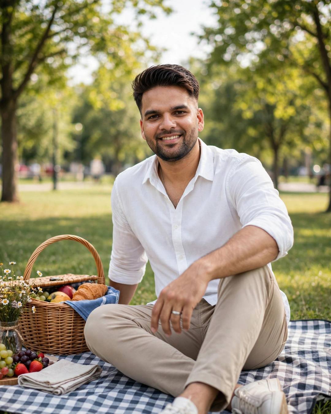 Indian young man in a white shirt on a picnic blanket in a sunny park