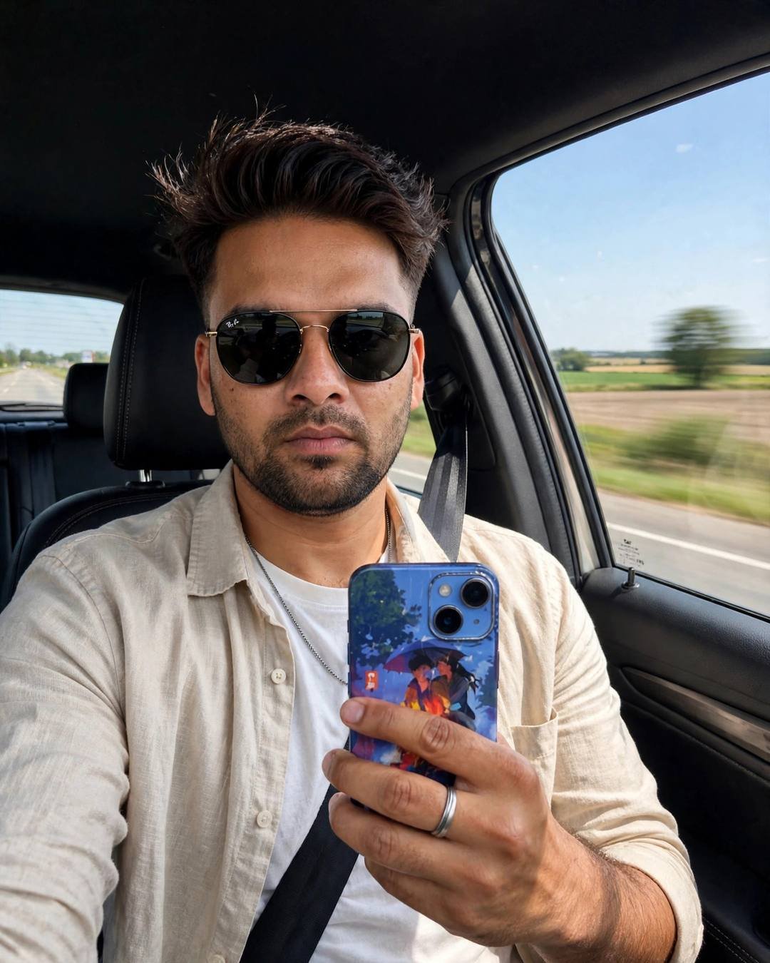 Indian young man with aviators in a car on an open highway with fields rushing past