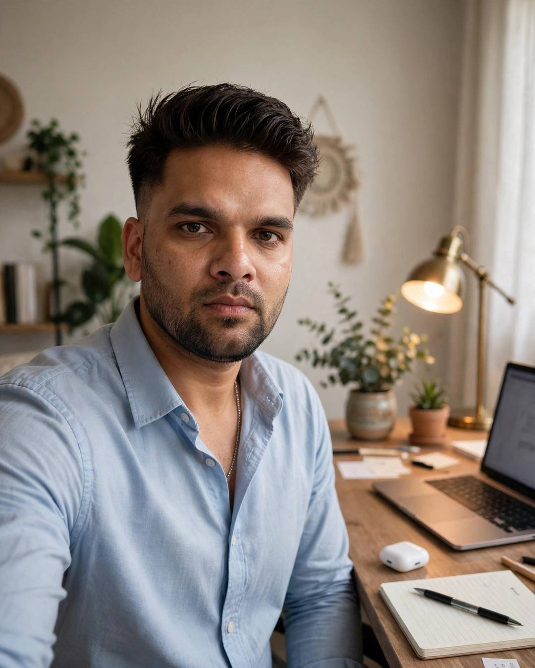 Indian young man in a light blue shirt at an aesthetic work-from-home desk
