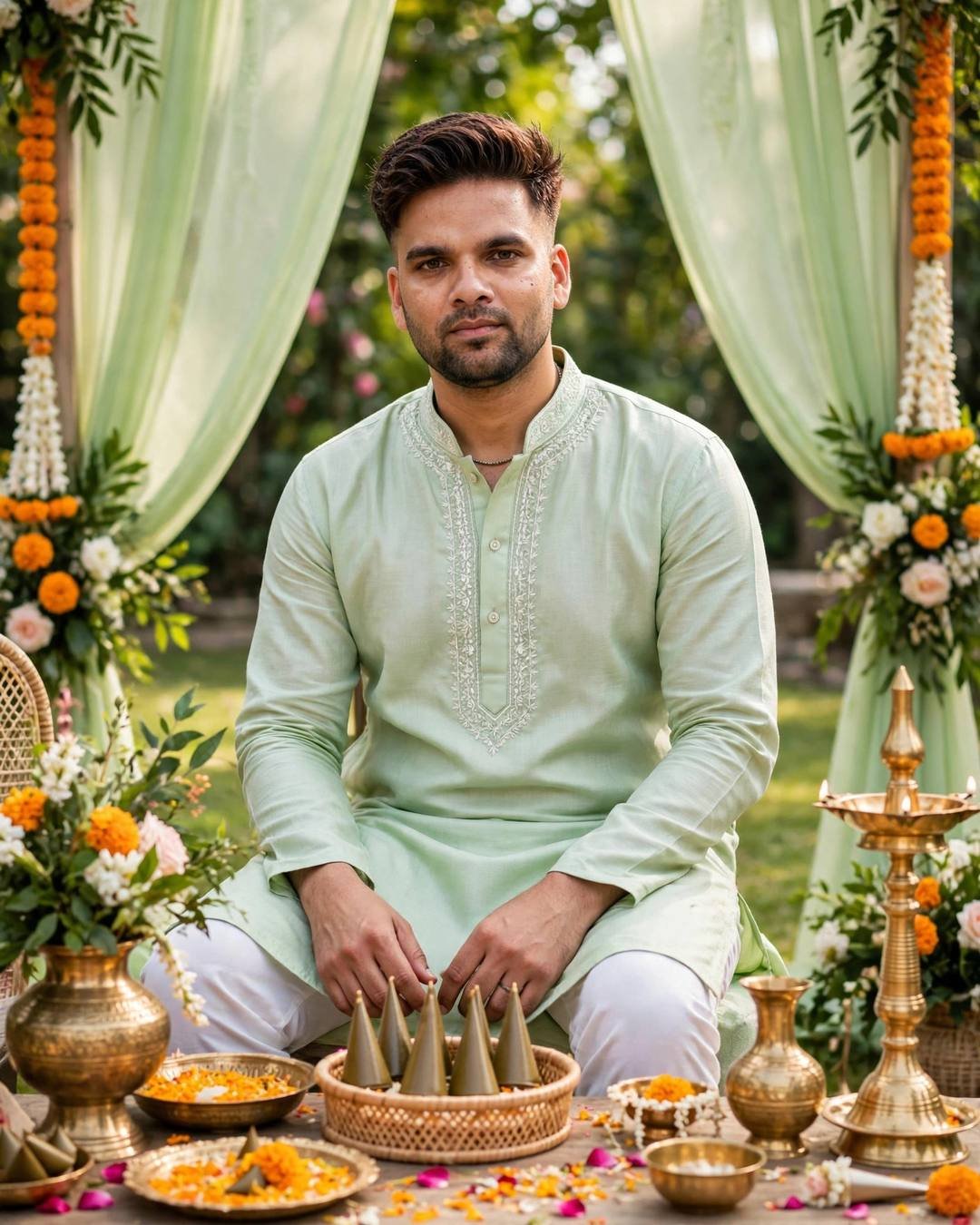 raj in a pastel green kurta with white churidar at a floral mehendi setup with green drapes
