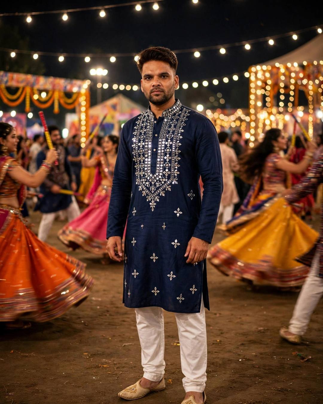 Indian young man in navy blue mirror-work kurta at a garba ground at night with dancers blurred in motion