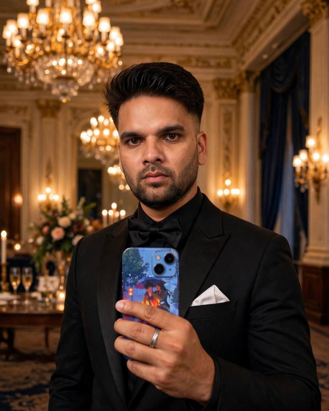 raj in a classic black tuxedo with bow tie in a grand ballroom with chandeliers