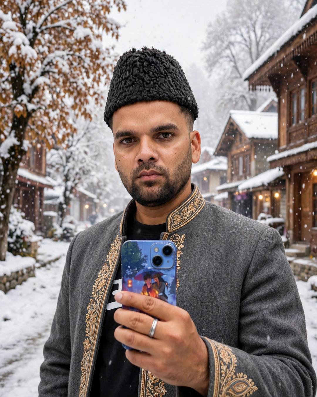 Indian young man in grey embroidered pheran and karakul cap in a snowy Srinagar lane
