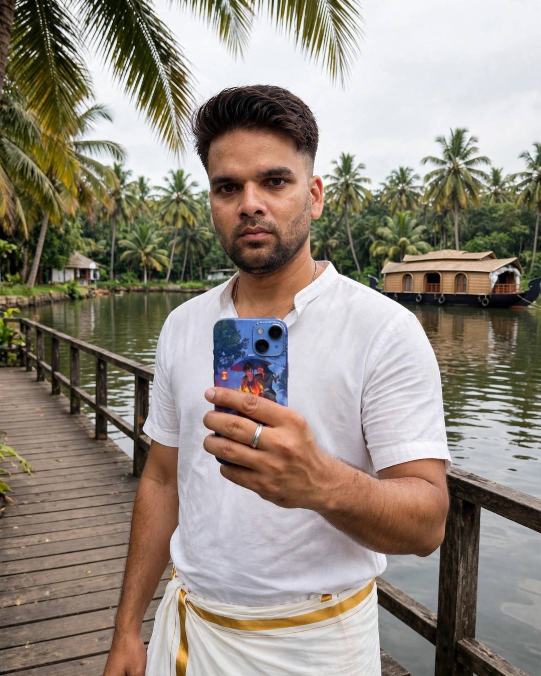 Indian young man in white mundu with gold border and white shirt on a Kerala backwater jetty