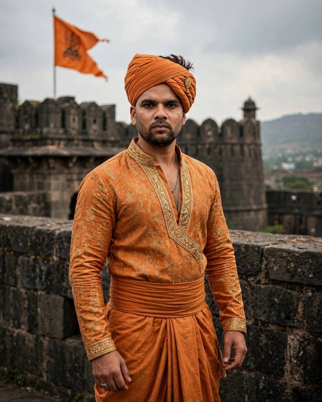 Indian young man in saffron angarkha and pheta turban at a historic Maratha fort with saffron flag