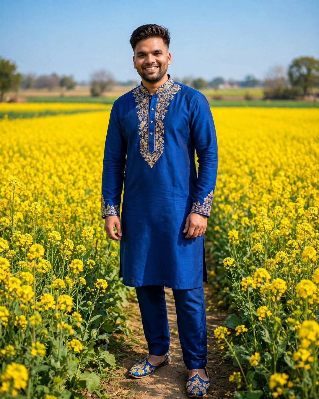 Indian young man in royal blue kurta-pajama with gold embroidery standing in a mustard field