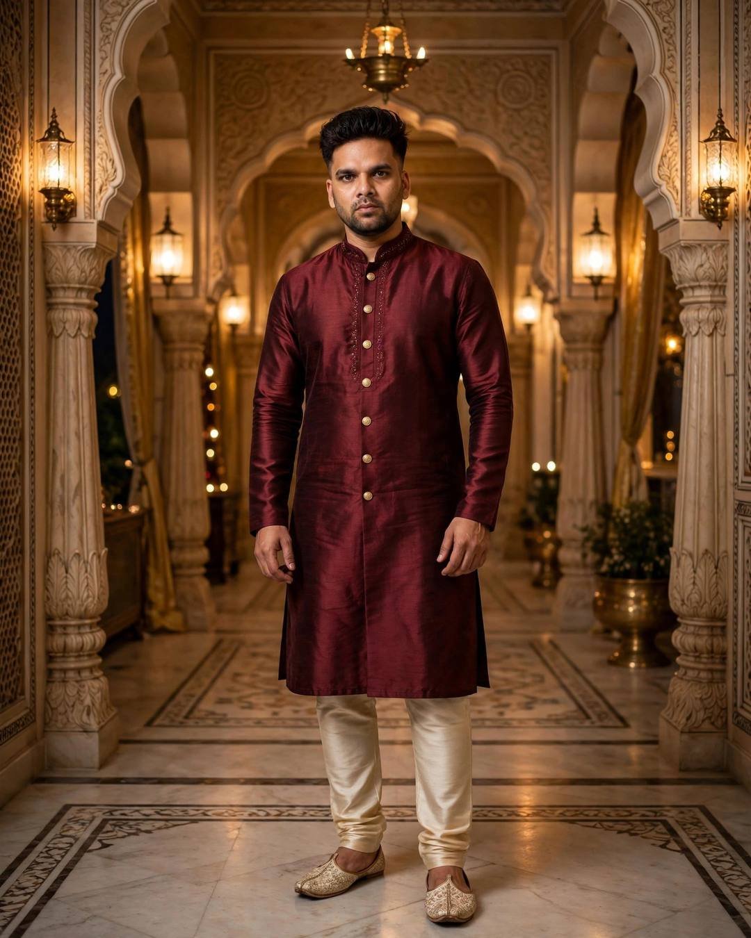 Indian young man in maroon silk kurta with gold buttons in a palace corridor with arches
