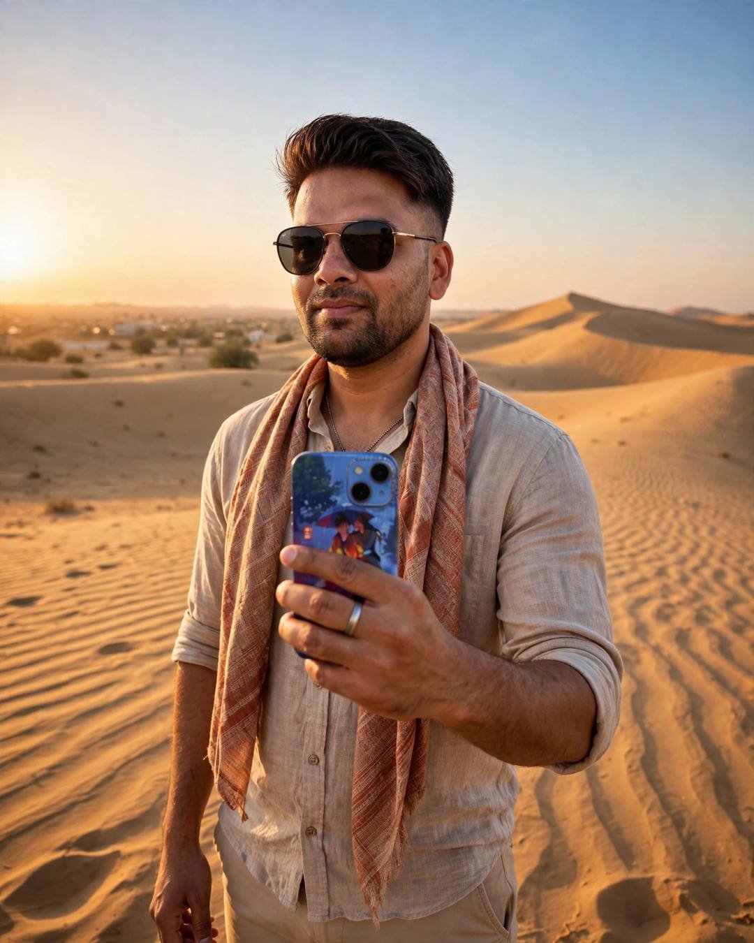 raj in a sand linen shirt and sunglasses on Jaisalmer sand dunes at sunset