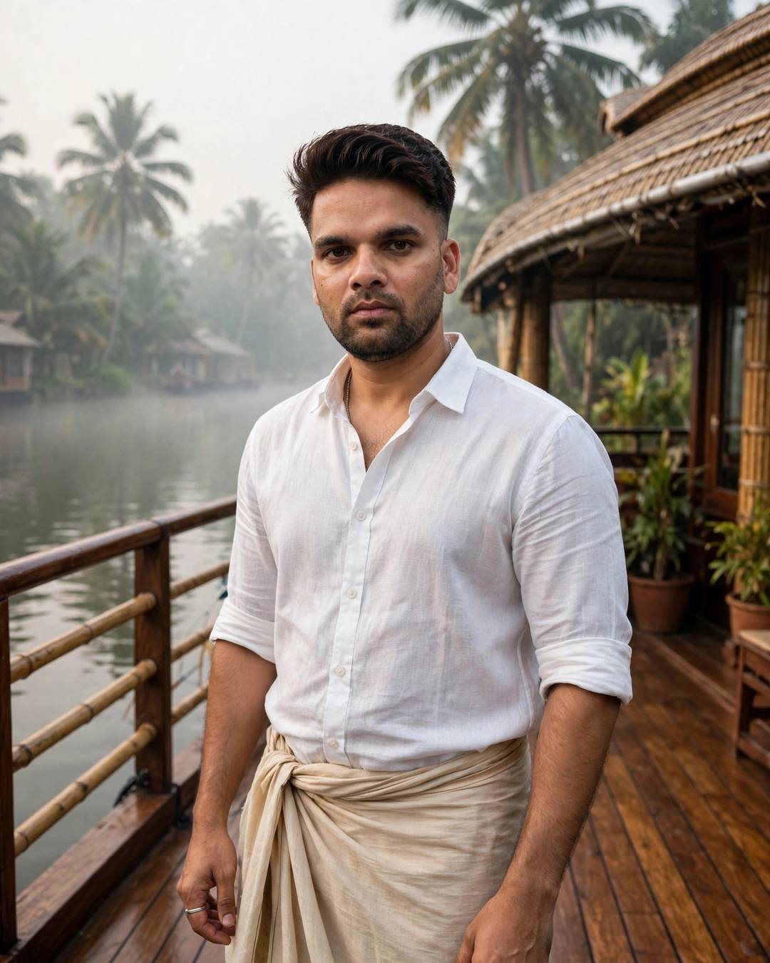 raj in a white linen shirt and mundu wrap on a Kerala houseboat deck with misty backwaters