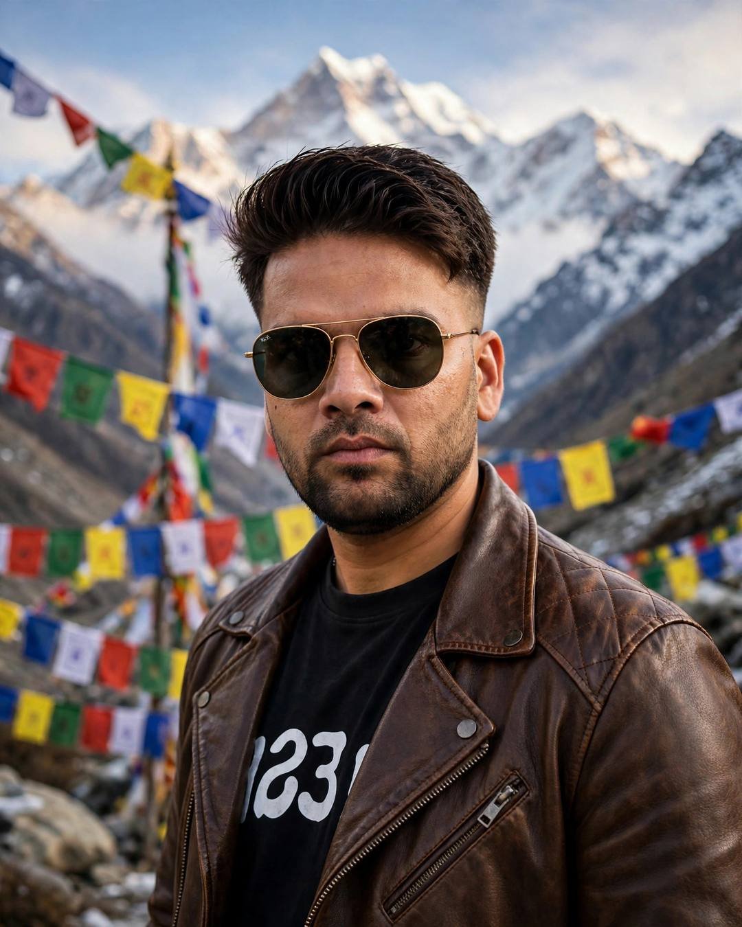 raj in a brown leather riding jacket and aviators at a Leh mountain pass with prayer flags and snow peaks