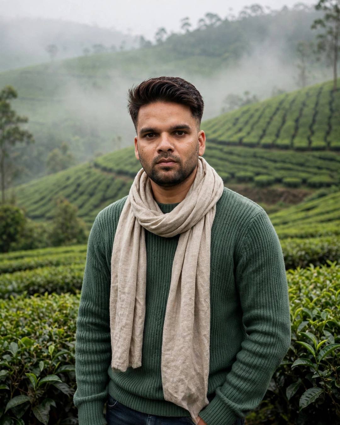 raj in a forest-green sweater and beige scarf in the misty Munnar tea gardens