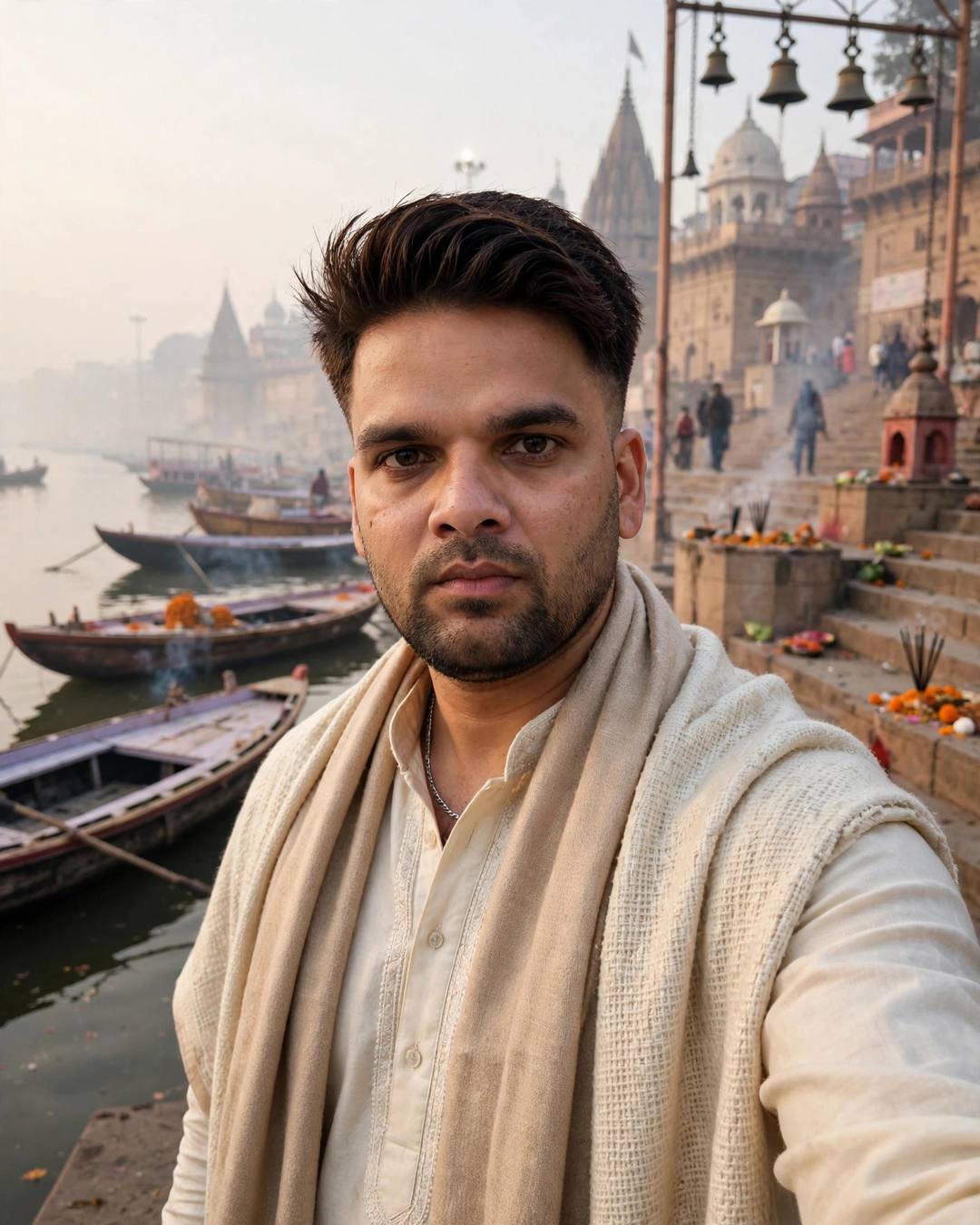 raj in a cream kurta with shawl at the Varanasi ghats at dawn with boats on the Ganges